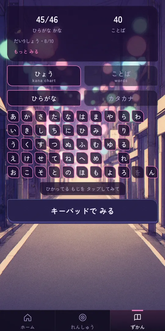 The kana chart in the library, with the learned characters lit