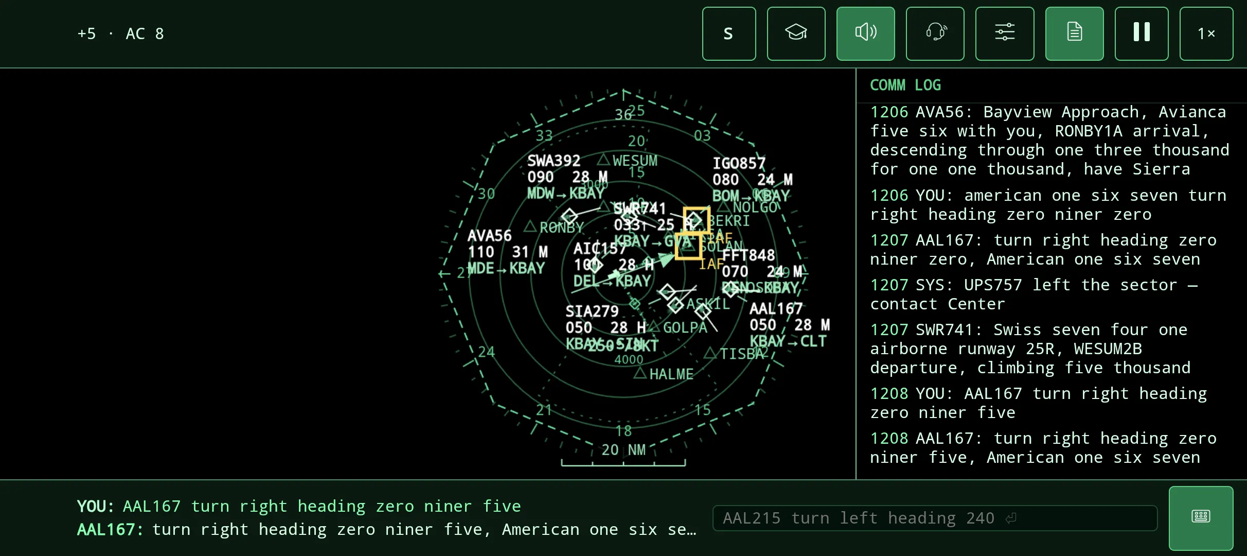 The comm log drawer open beside the radar, showing an arrival checking in, a clearance and its readback
