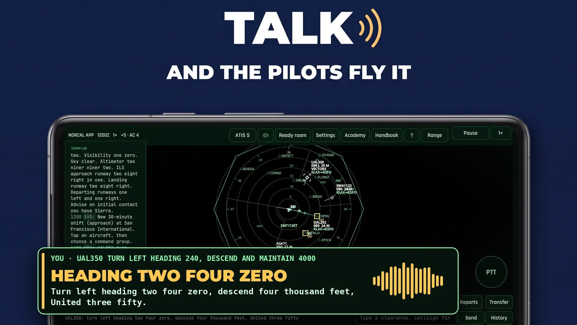 The approach radar during a shift at San Francisco, with a heading and descent given to United three fifty and the pilot reading it back