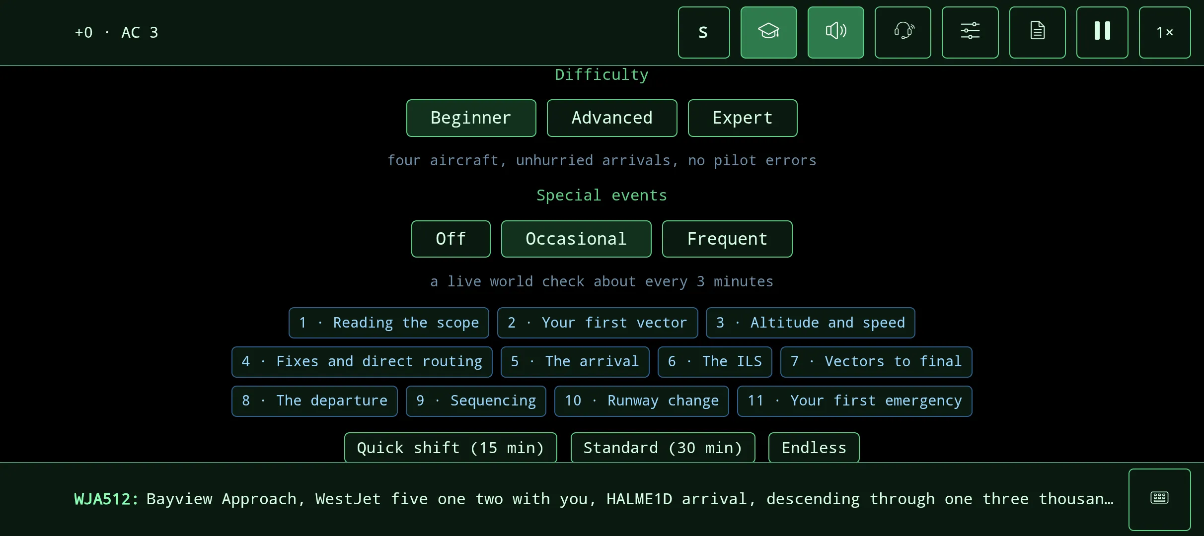 The ready room, with the airport, difficulty and shift length choices and the eleven lesson course